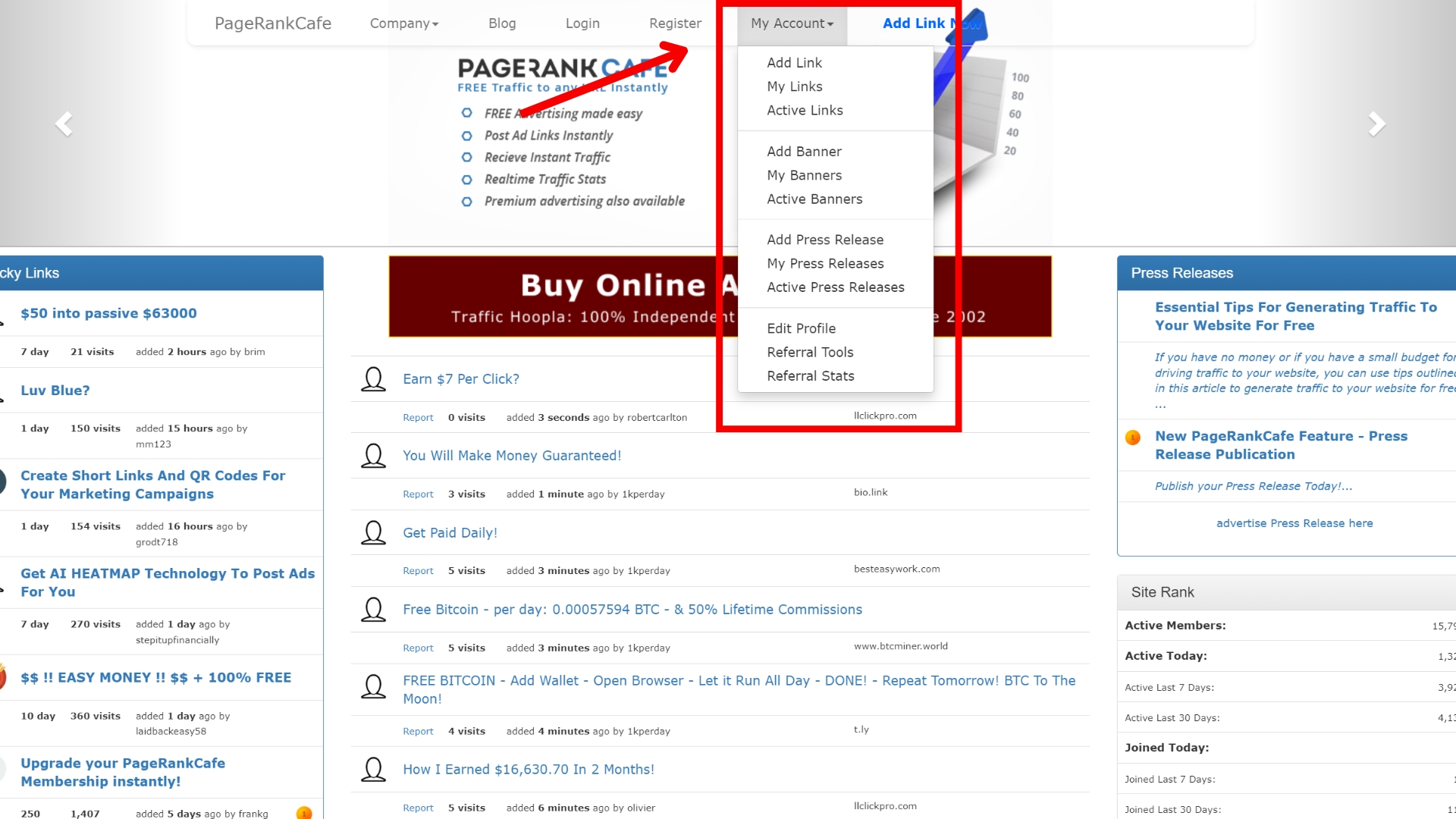 A screenshot of the home page with the Account Menu open and highlighted